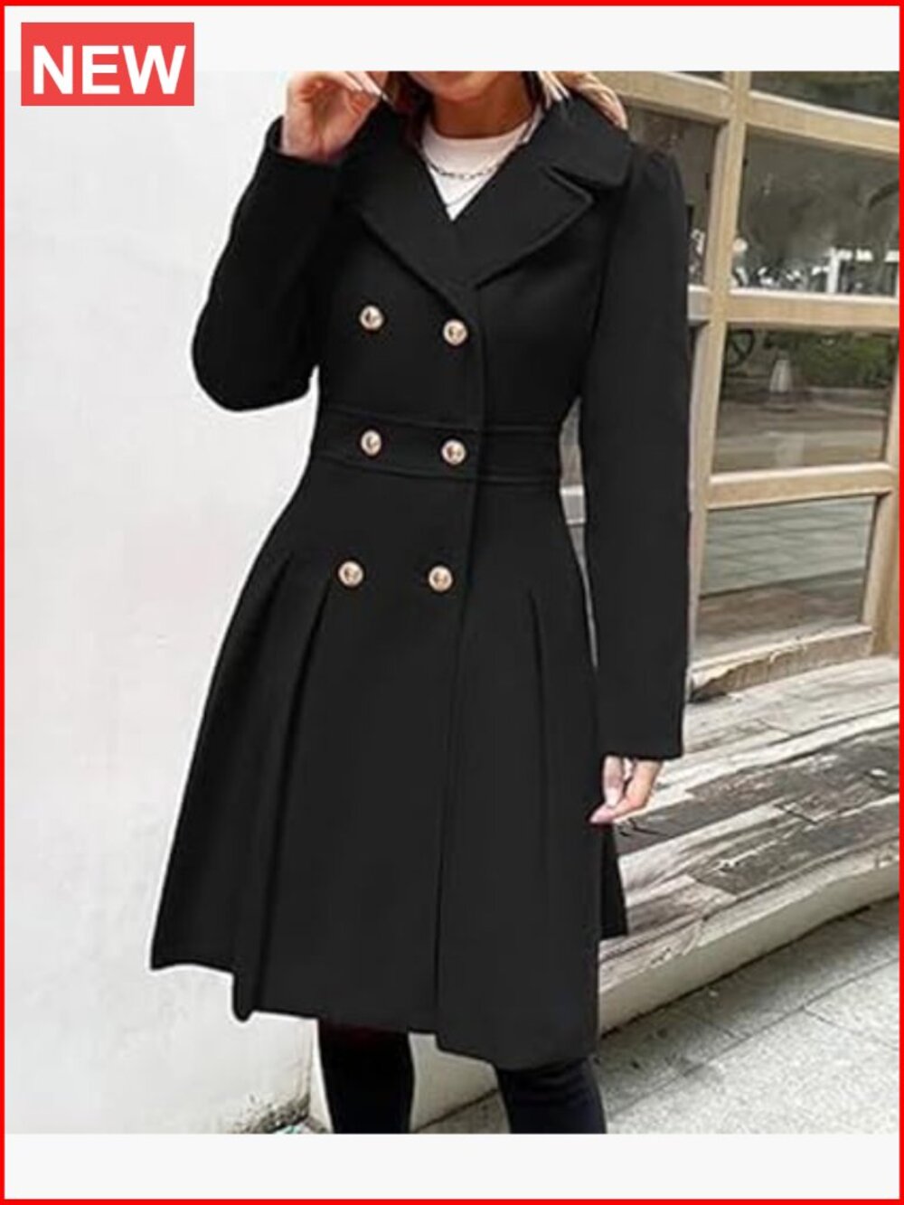 Double Breasted Trench Coat Notch Lapel A-Line Flared Pleated Wool Blend Pea - Picture 5 of 5